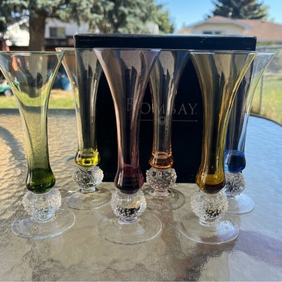 Bombay 6 Multicolored Champagne Flutes With Icy Ball Bubble Bead Stems Glasses - Picture 2 of 15